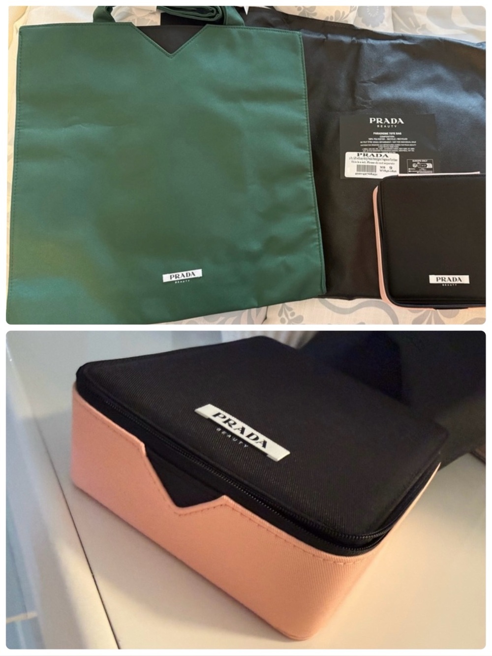 Prada Black and Blush Pink Beauty Pouch and Green tote bag